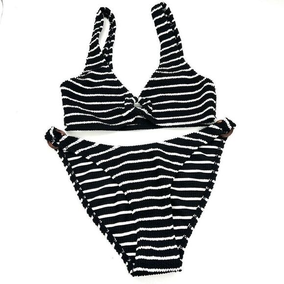 No Boundaries Striped Textured Two Piece Bikini Black and White Size Medium - Picture 1 of 13